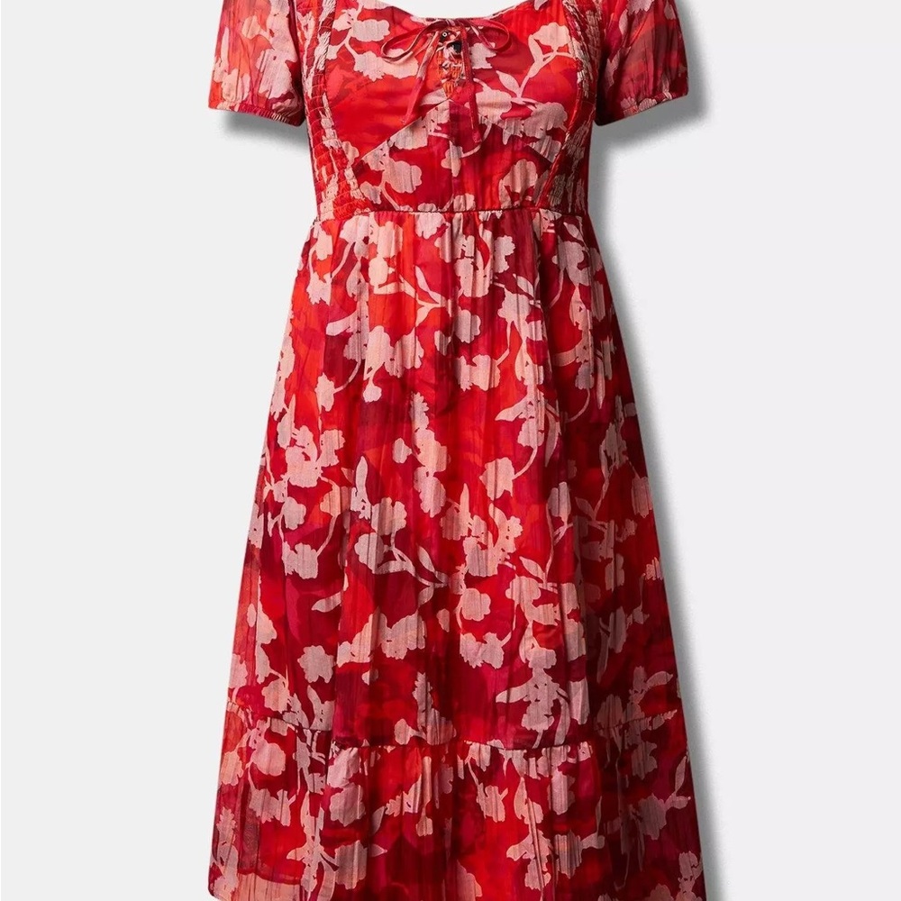 Midi Torrid Cotton Clip Dot Pace Up Smocked Floral Red Dress - Size 3
